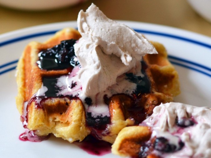 Liege Waffles with Blueberry Maple Syrup and Cinnamon Whipped Coconut Cream